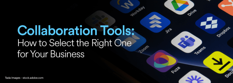 The image displays a collection of app icons on a device screen, accompanied by the text about selecting collaboration tools for business.