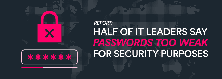The image features a world map background with a lock icon and text stating that half of IT leaders believe passwords are too weak for security purposes.