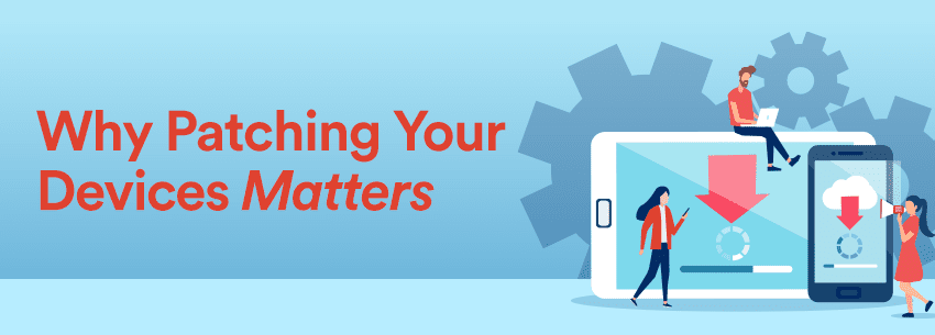 The image emphasizes the importance of updating devices, featuring illustrations of people using technology alongside gear graphics and a download symbol.